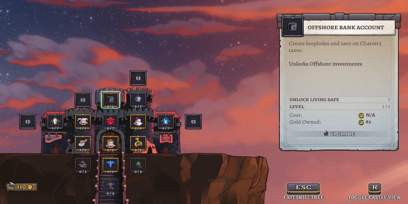 Rogue Legacy 2 Castle upgrades and bank account screen