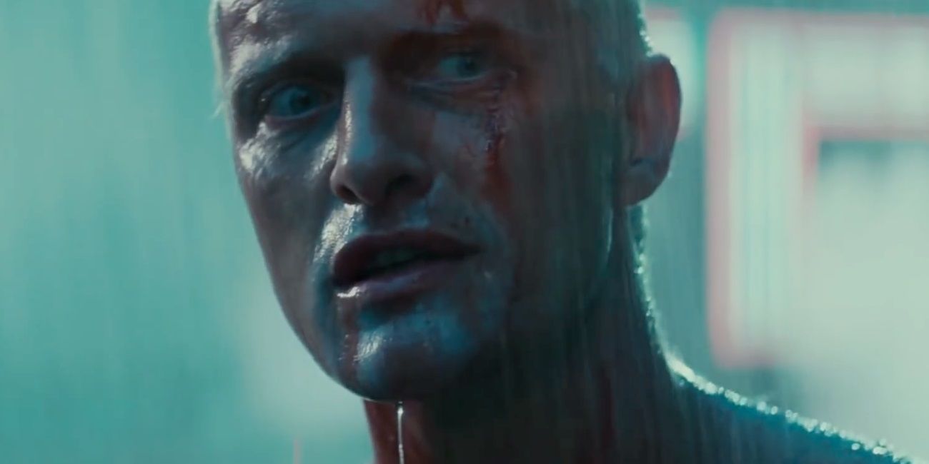 Roy Batty stands on the rooftop in Blade Runner