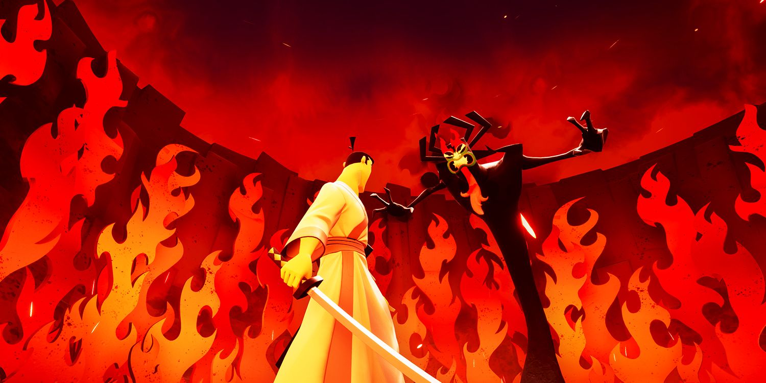 Jack wielding a sword and looking at Aku in Samurai Jack: Battle Through Time