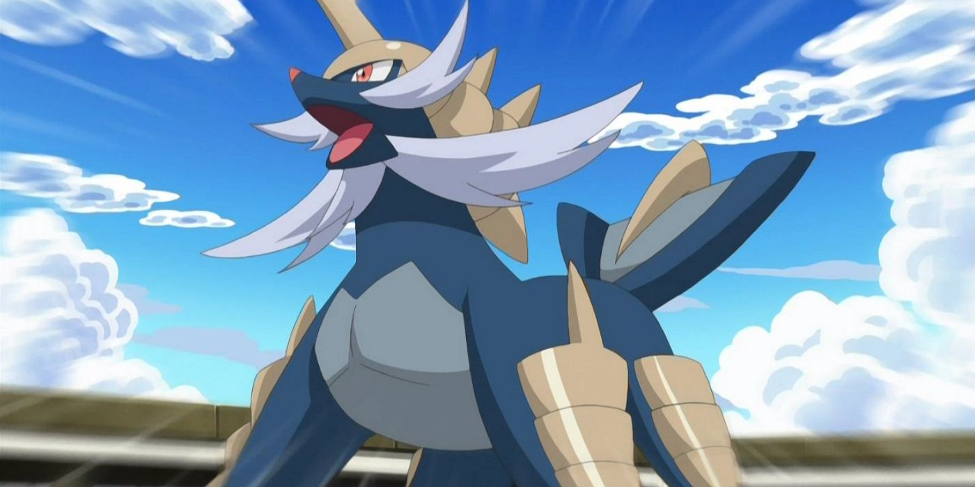 Samurott opens its mouth to shout with a cloudy sky behind it in the Pokemon anime.