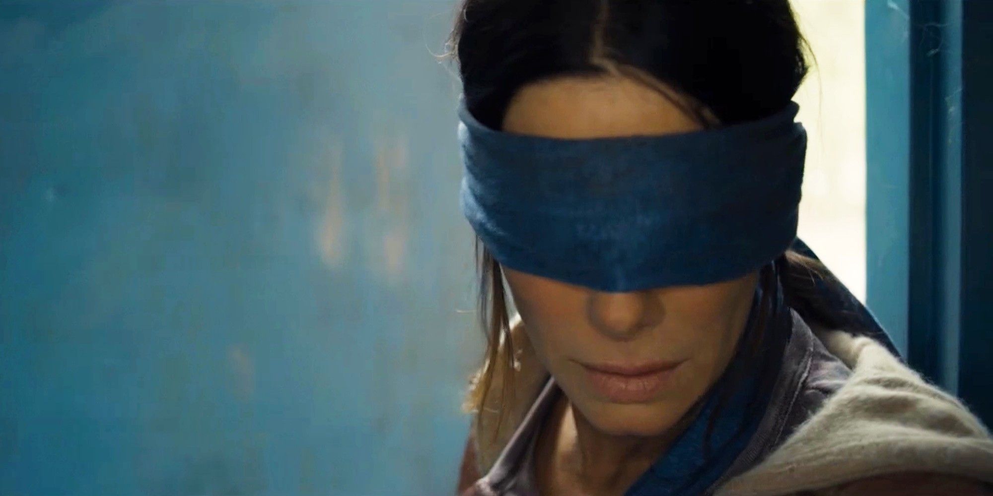 Sandra Bullock wearing a blindfold in Bird Box
