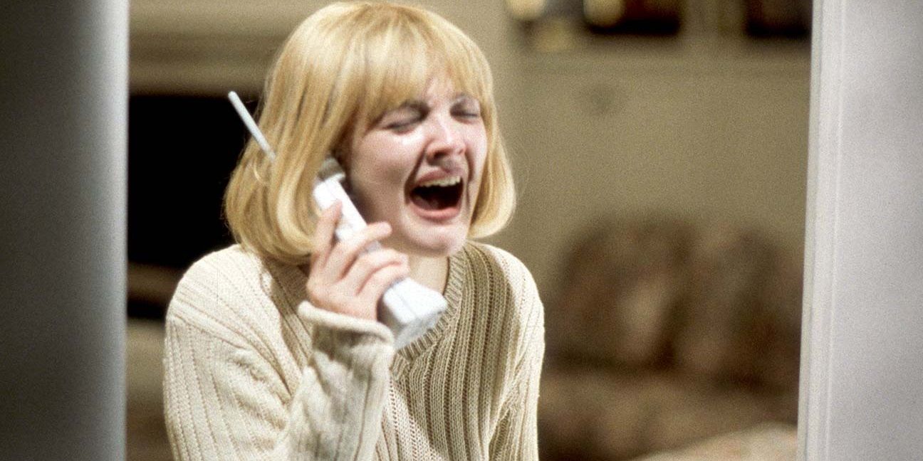Drew Barrymore cries on the phone in the film Scream.