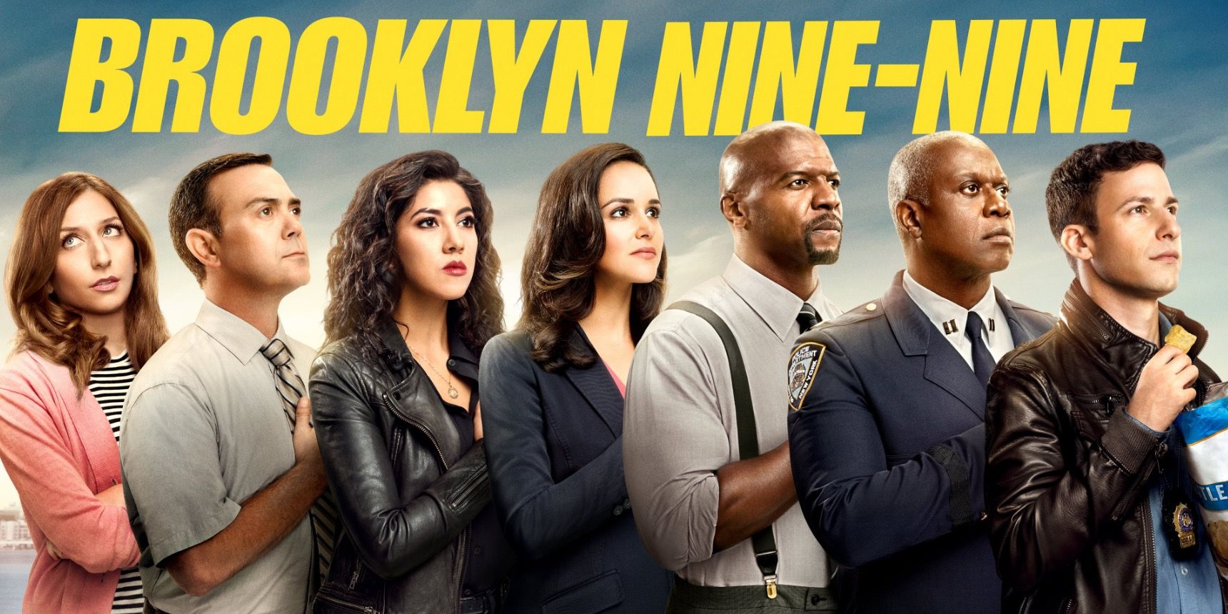 Brooklyn Nine Nine characters in a poster lined up and facing the same direction