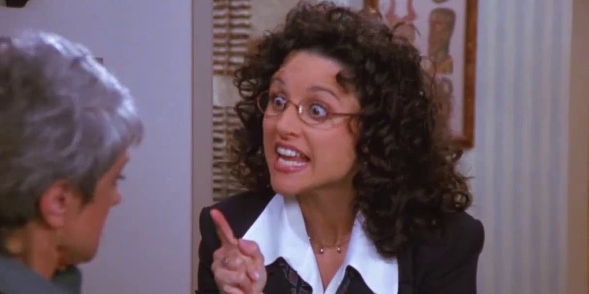 Elaine pointing her finger at Peterman on Seinfeld
