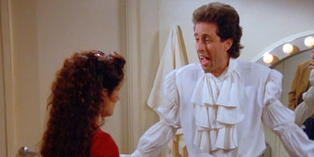 Seinfeld wears the puffy shirt in front of Elaine