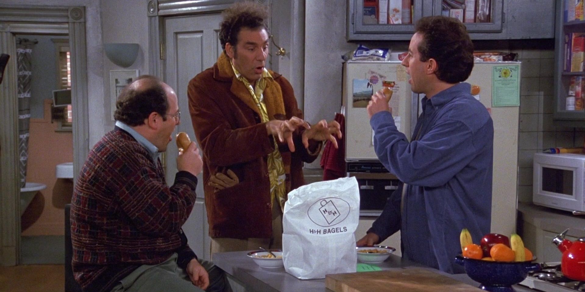 George, Kramer and Jerry in Jerry's kitchen in The Strike episode of Seinfeld.
