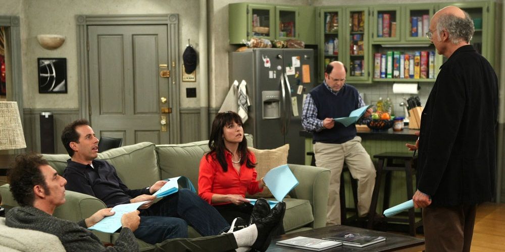 The cast of Seinfeld sit in Jerry’s apartment going over the reunion script