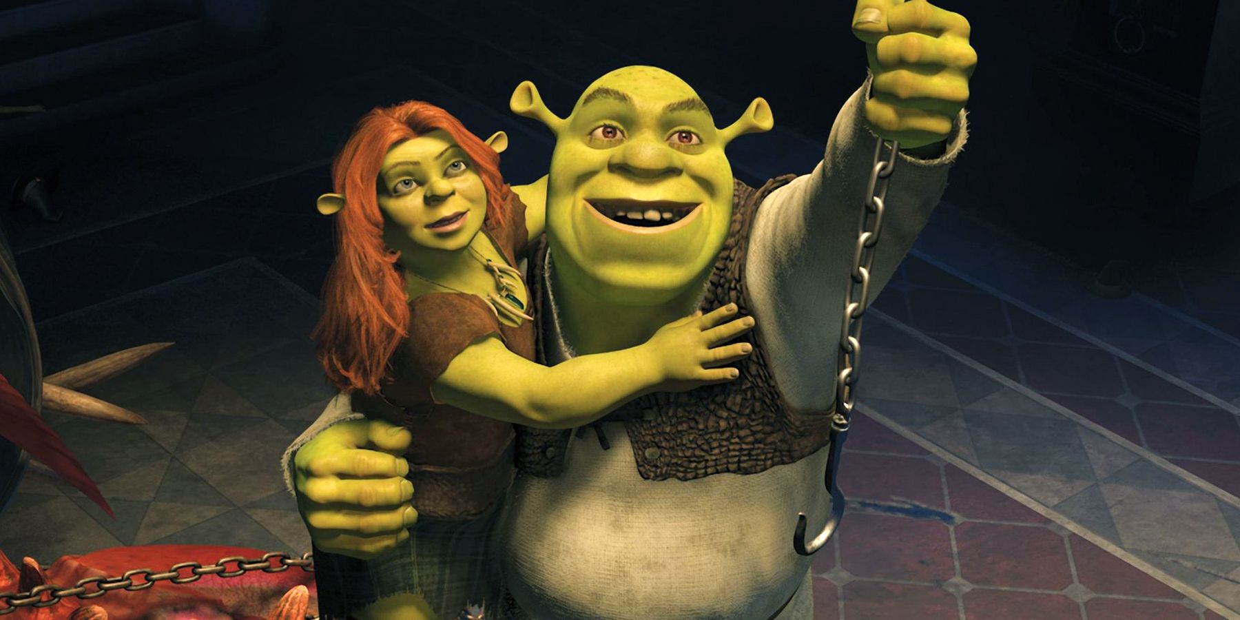 Shrek, holding a suspended chain, embraces Fiona in Shrek Forever After