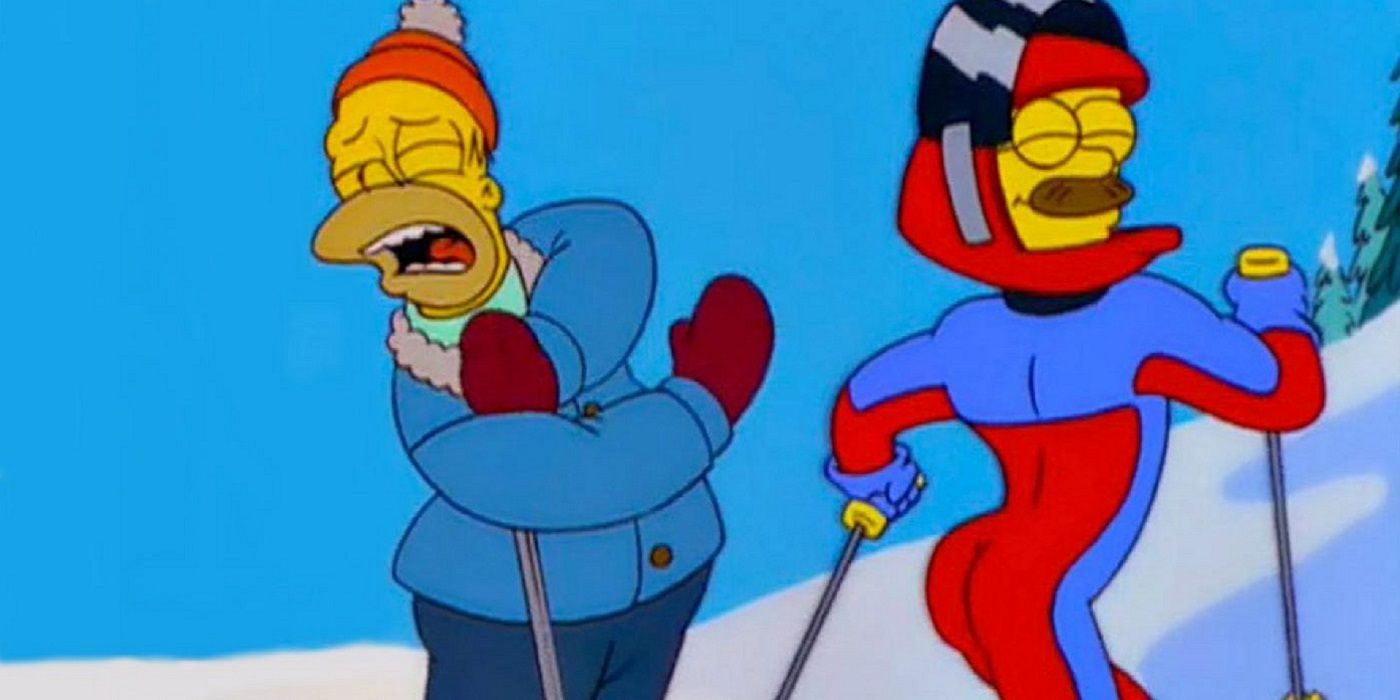 Homer cringing at Flanders wearing a ski suit in The Simpsons