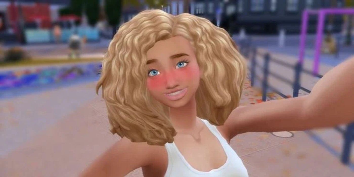 A character in the sims smiling and taking a selfie
