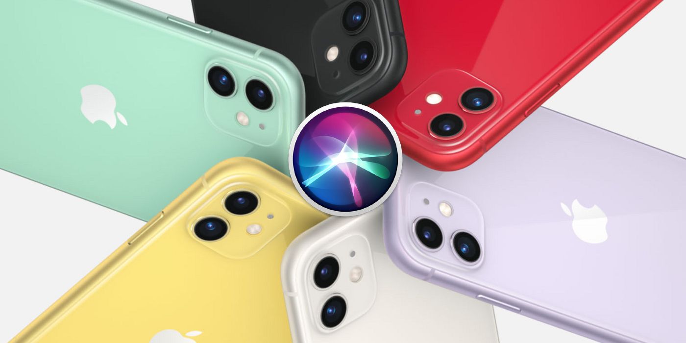 Siri logo circled by iPhones in red, black, purple, silver, yellow, and green