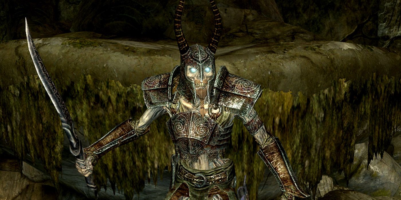 A Draugr Death Overlord wielding a large sword in Skyrim