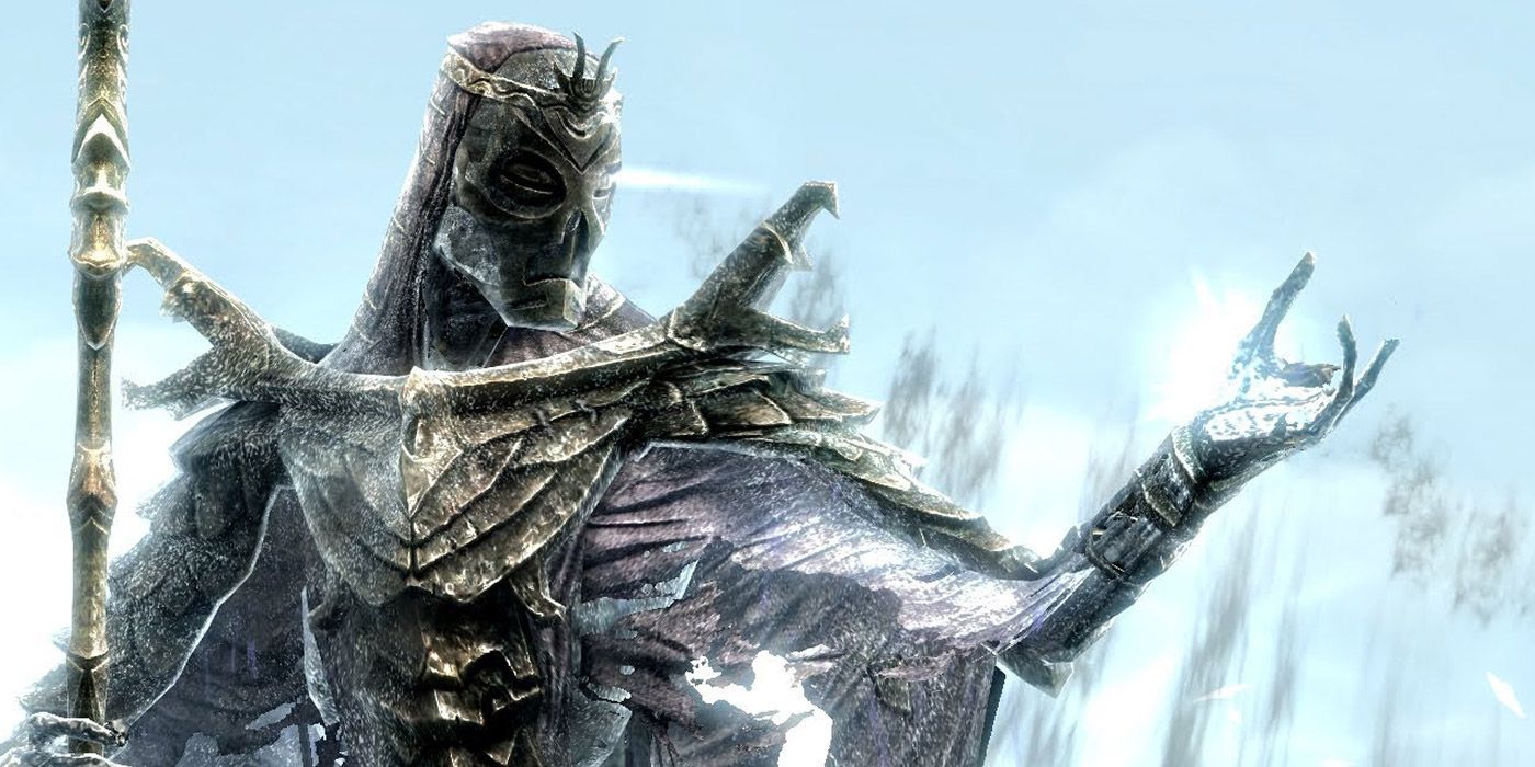 Krosis o Dragon Priest empunhando magia de gelo em Skyrim