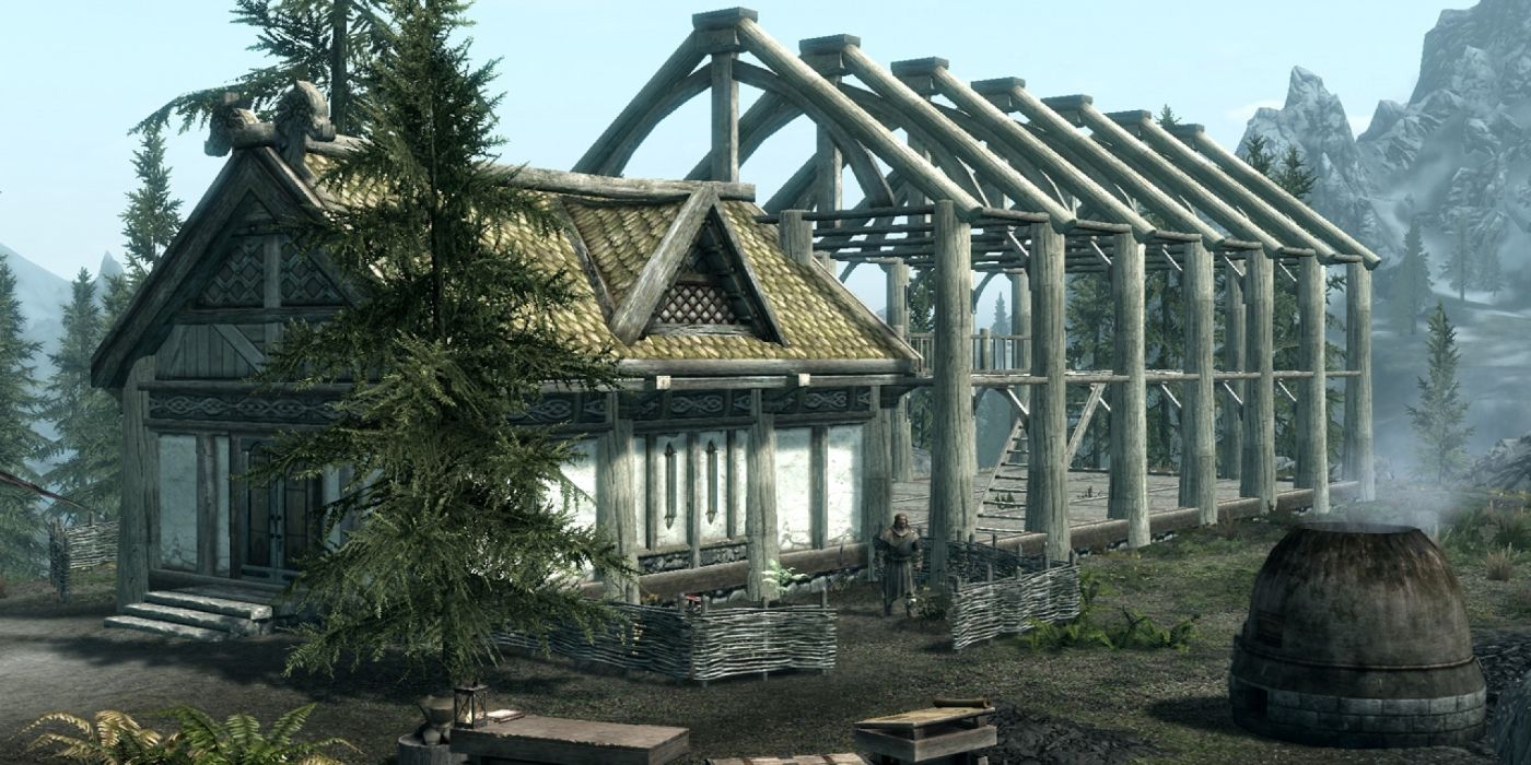 A home in Skyrim's Hearthfire Expansion that is in the process of being built