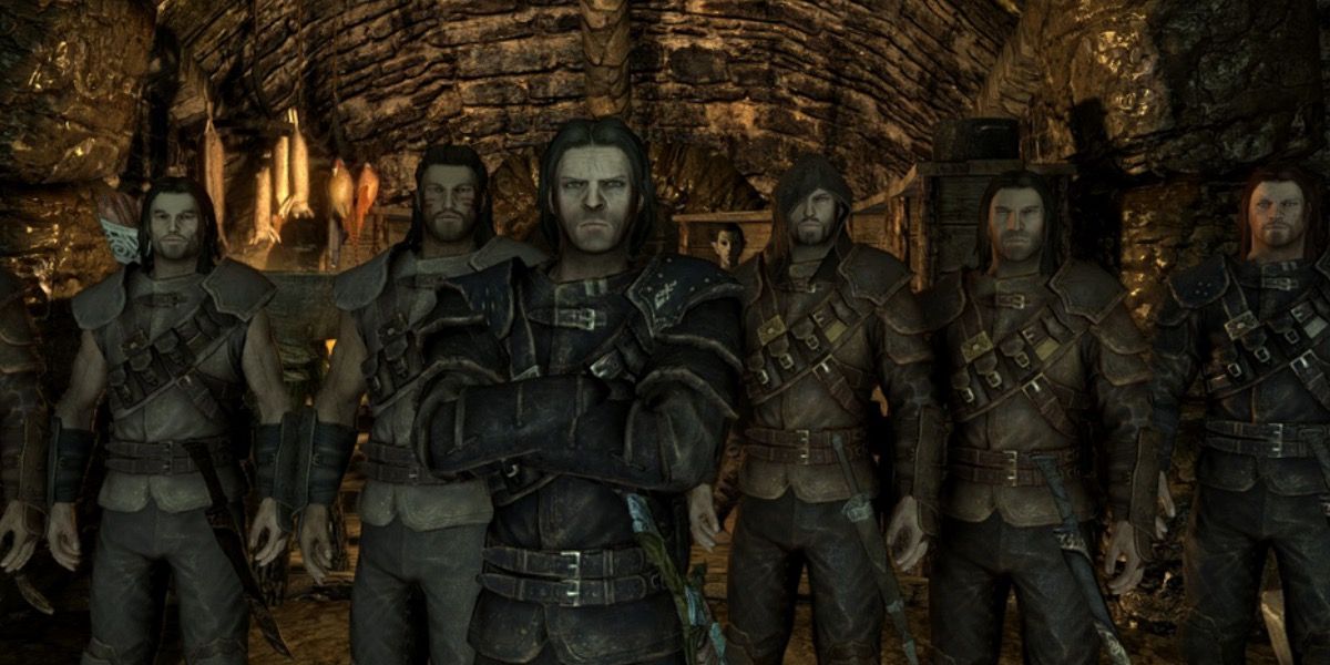 Members of the Thieves Guild in Skyrim all lined up.