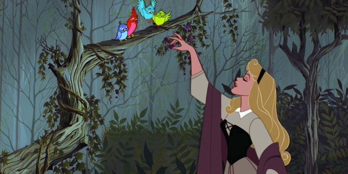 Aurora holding up her hand towards the birds in Sleeping Beauty