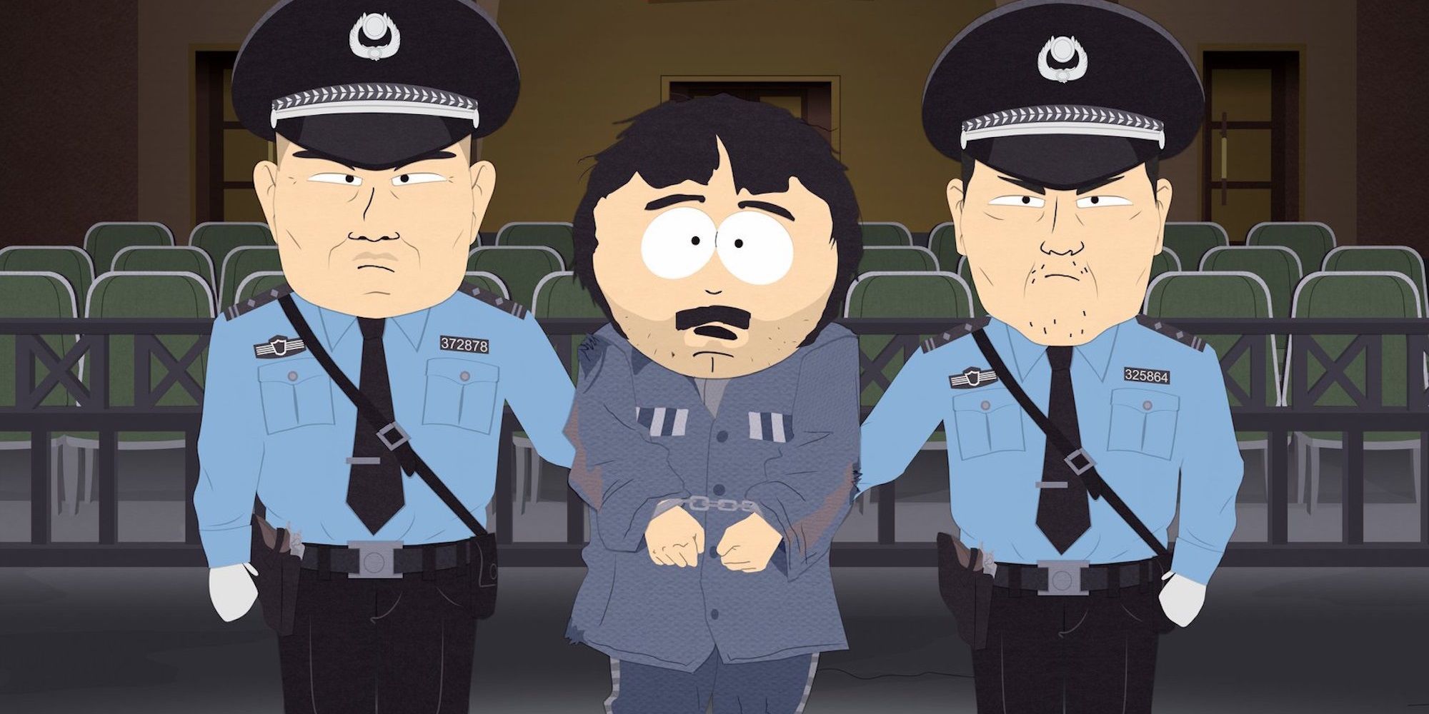 Two security guards stand next to Randy who is handcuffed in South Park.
