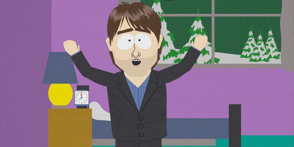 Tom Cruise with his arms raised in South Park.