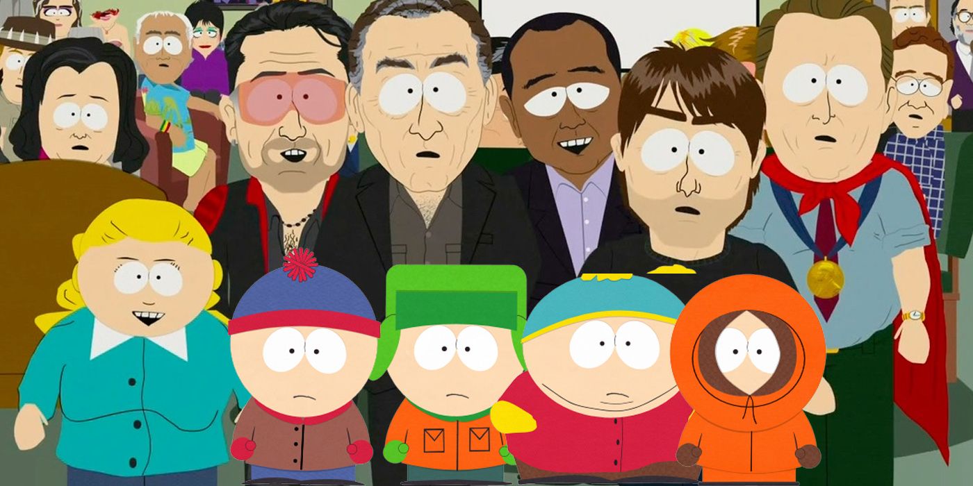 Bono and Tom cruise stands behind Cartman, Kenny, Eric, and Kyle in South Park
