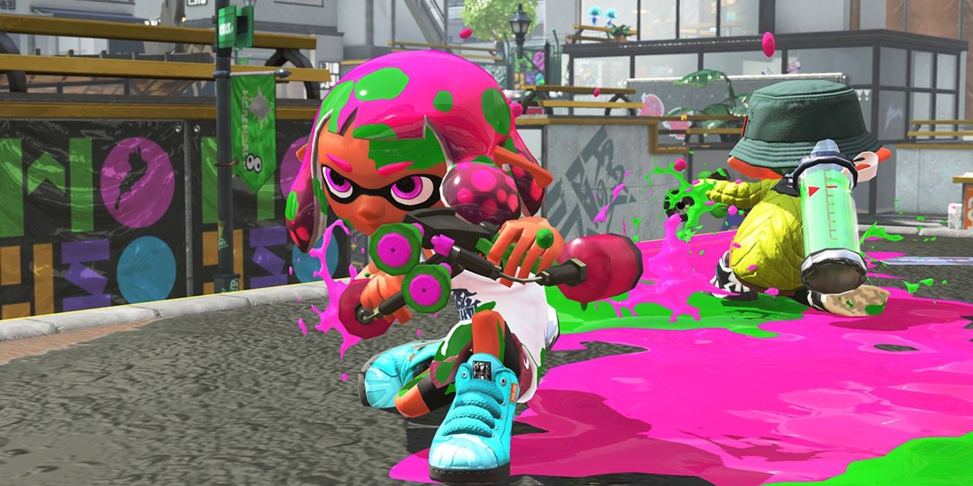 An image of the player trying to cover the ground in pain in Splatoon 2