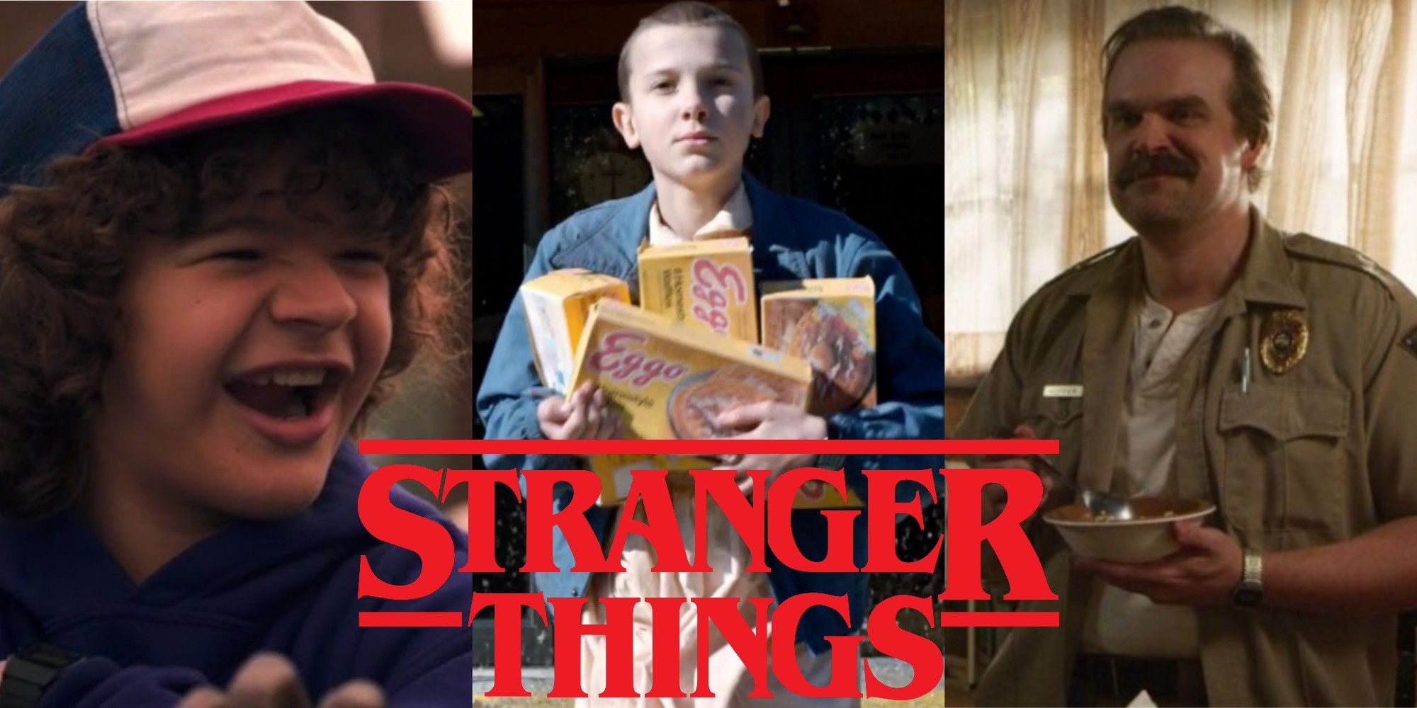 Split image of Dustin, Eleven and Hopper from Stranger Things