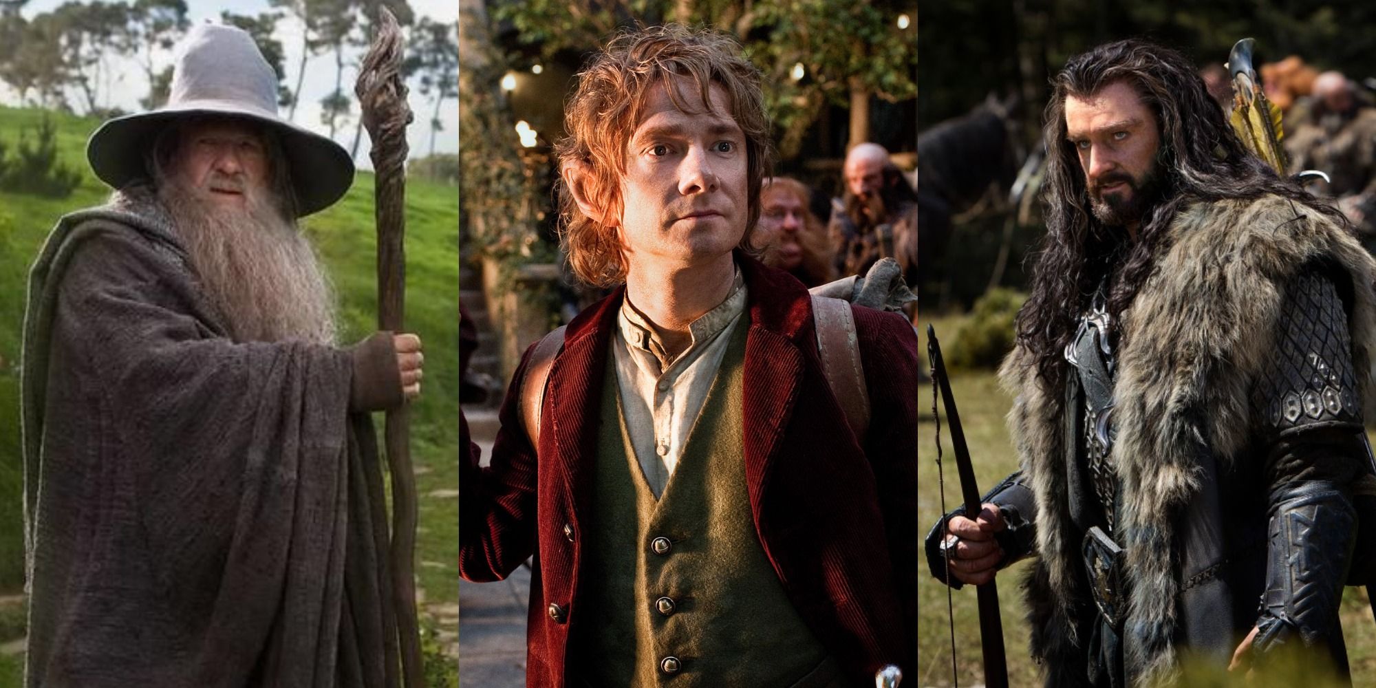 Split image of Gandalf, Bilbo, and Thorin from The Hobbit: An Unexpected Journey
