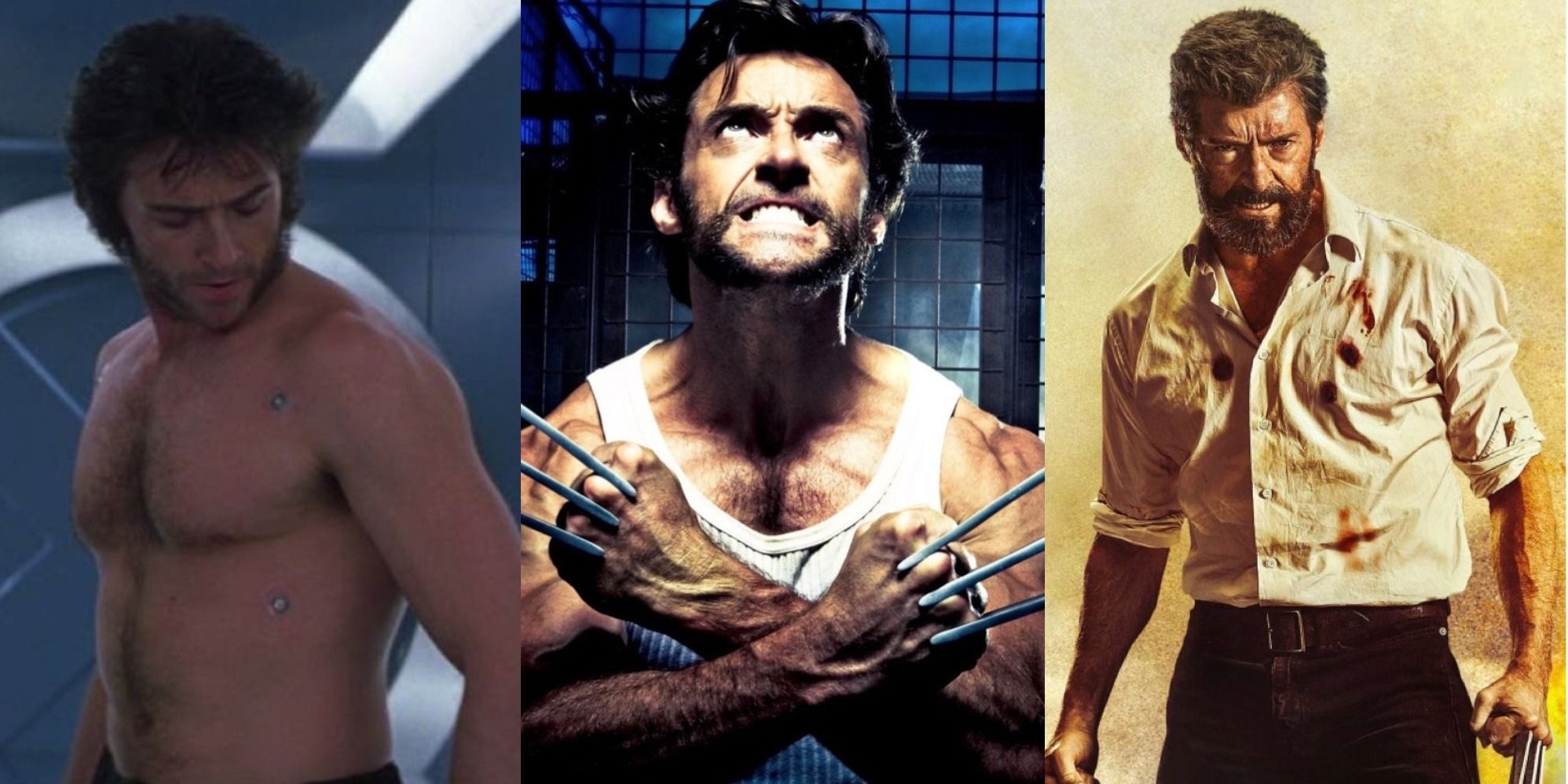 Split image of High Jackman as Wolverine in X-Men, X-Men Origins Wolverine and Logan