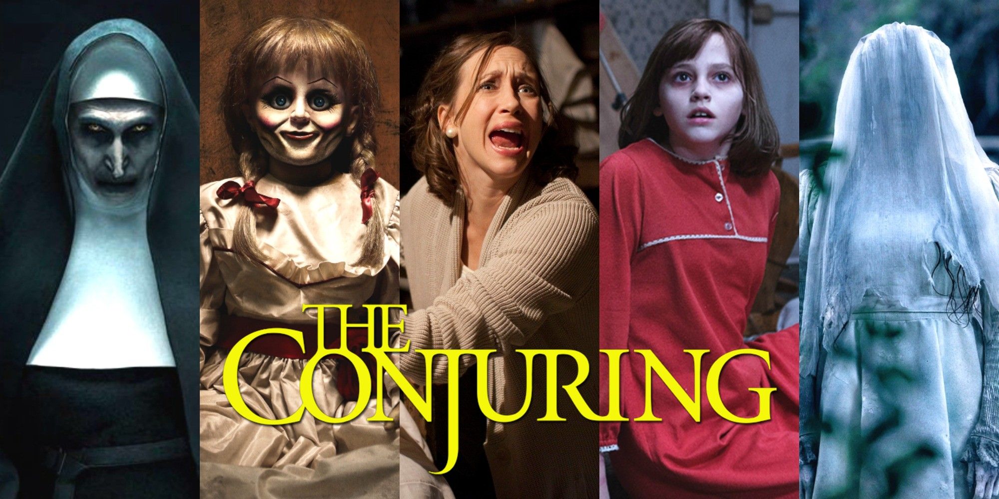 Split image of The Nun, Annabelle, Lorraine, Janet and La Llorona from the Conjuring universe with the logo on top