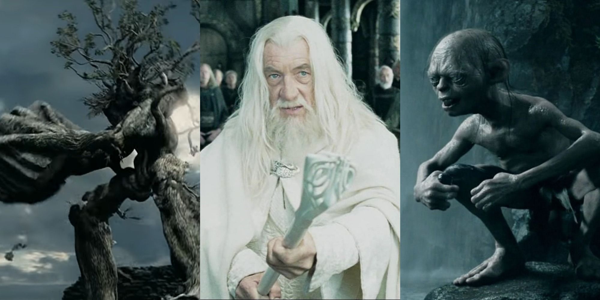 Split image of an Ent, Gandalf, and Gollum from The Lord of the Rings: The Two Towers