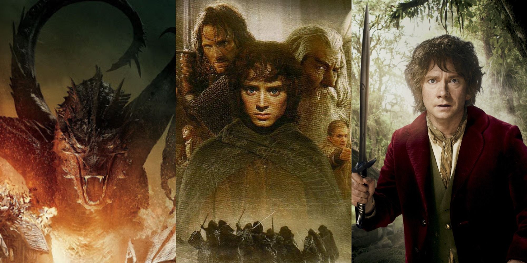 Split image of posters for Battle of the Five Armies, Fellowship of the Ring and An Unexpected Journey