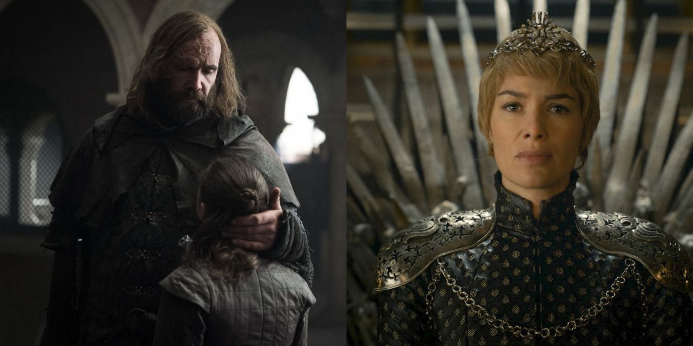 Split image of the Hound and Arya's last moments & Cersei Lannister on the Iron Throne in Game of Thrones