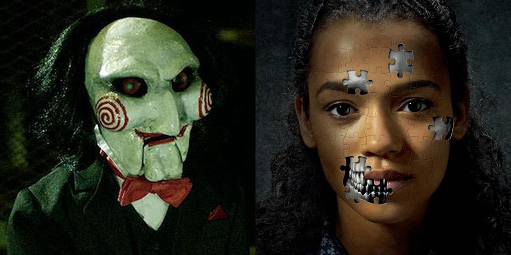 Split image of the Jigsaw doll from Saw and Zoey from the poster for Escape Room