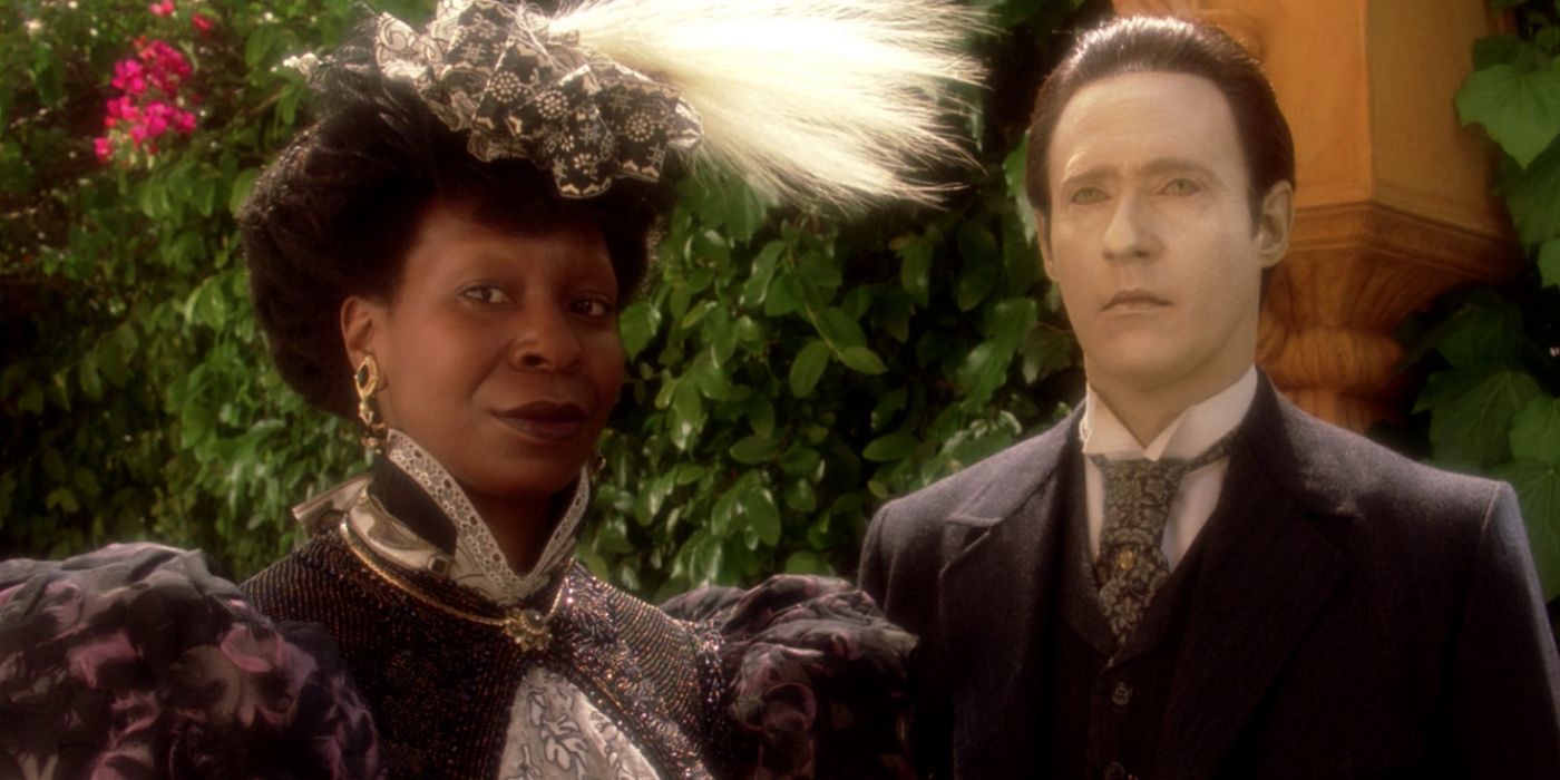 Guinan and Data look on in 1800s attire from Time's Arrow
