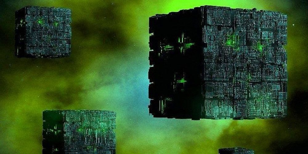 A picture of three Borg cubes in space is shown.