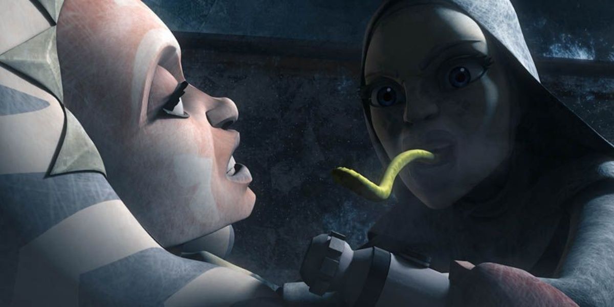 Barriss Offee tries to infect Ahsoka with the brain worm during the second Battle of Geonosis arc in The Clone Wars