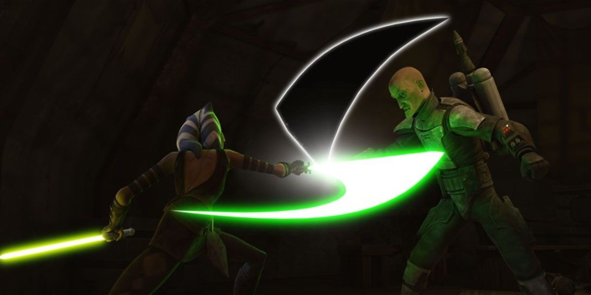 Ahsoka Tano duels with Pre Viszla on Mandalore to fight for her and Lux Bonteri's escape in The Clone Wars