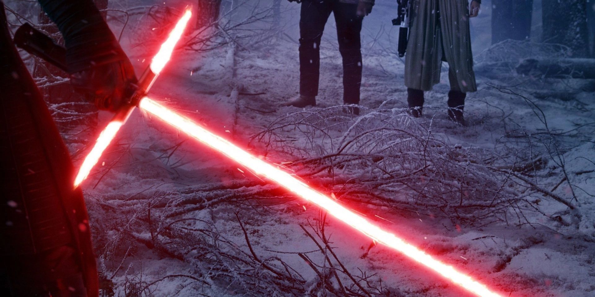 Kylo Ren's crossguard red lightabser in battle in Star Wars