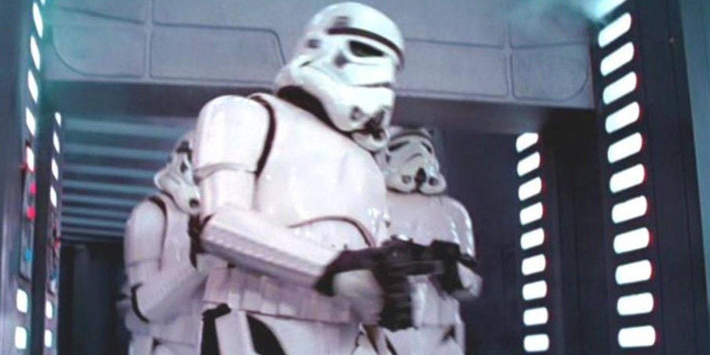 A stormtrooper bangs their head on a doorframe while chasing the heroes through the Death Star in A New Hope