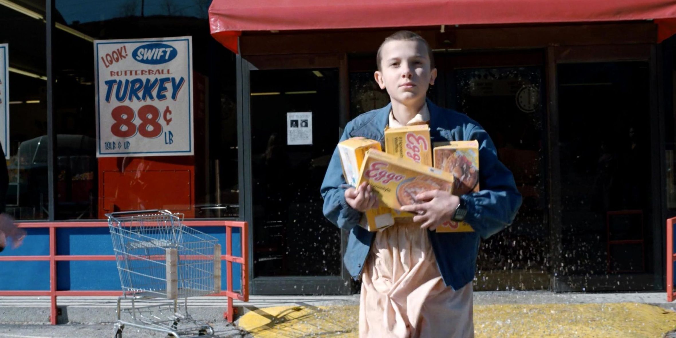 Eleven from Stranger Things Walks out of the store with her stolen Eggos