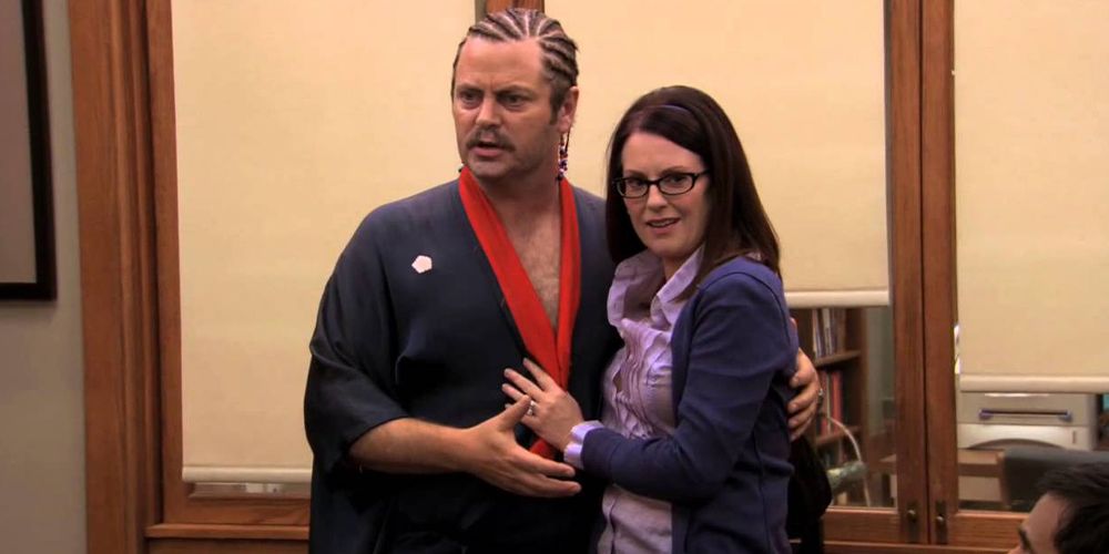 Tammy II and Ron in a kimono on Parks and Rec.