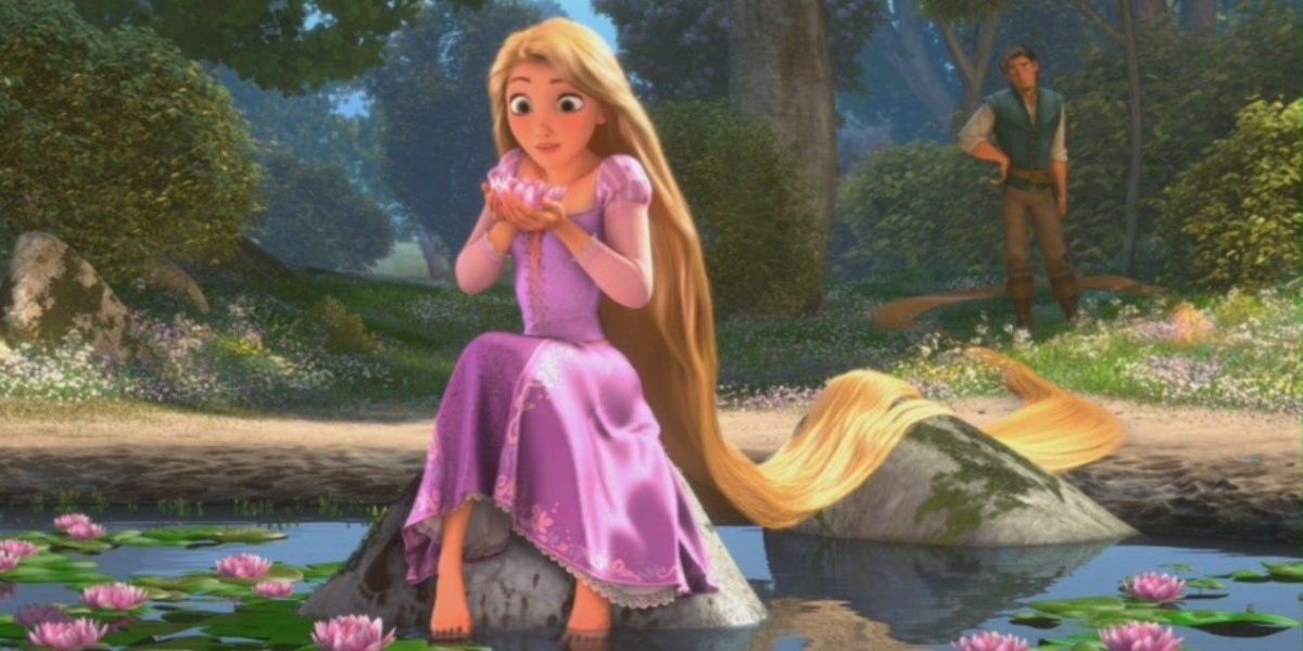 Flynn watching Rapunzel as she sits on a pond stone in Tangled