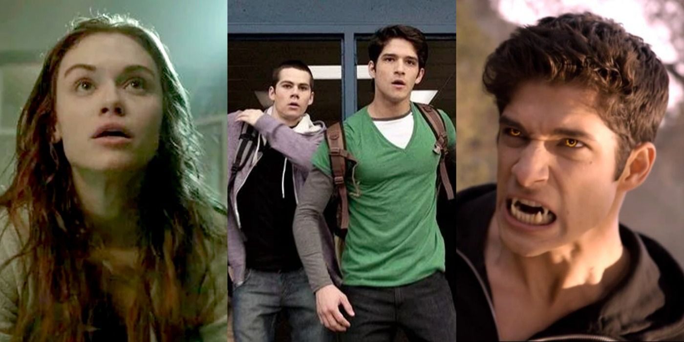 A split image depicts Lydia at Eichen House, Stiles and Scott at school, and Scott transforming in Teen Wolf
