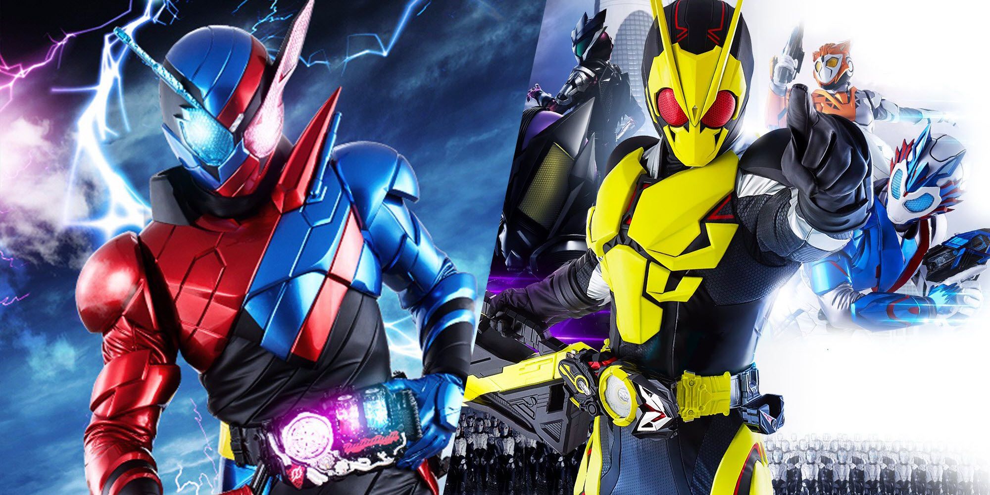 A split image features different Kamen Rider suits