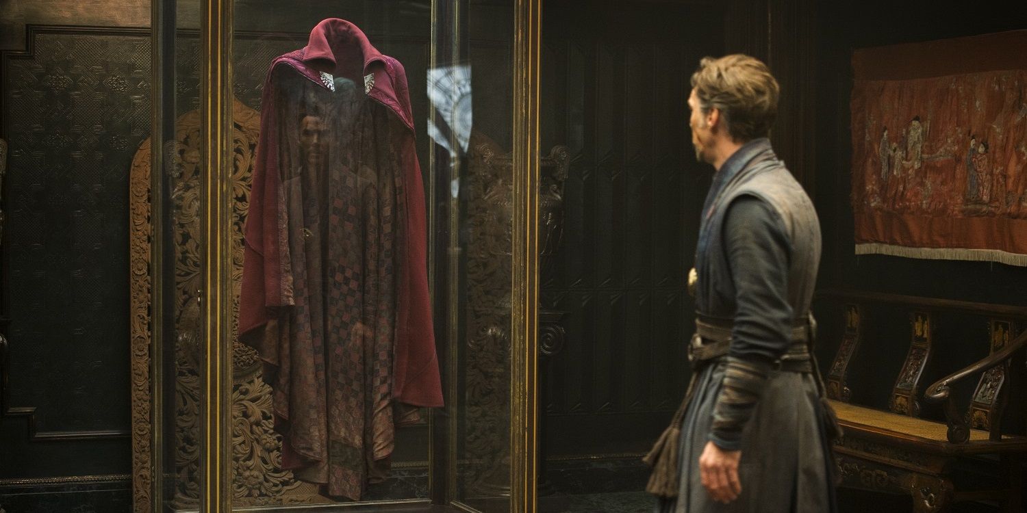 Stephen Strange looking at the Cloak of Levitation in Doctor Strange