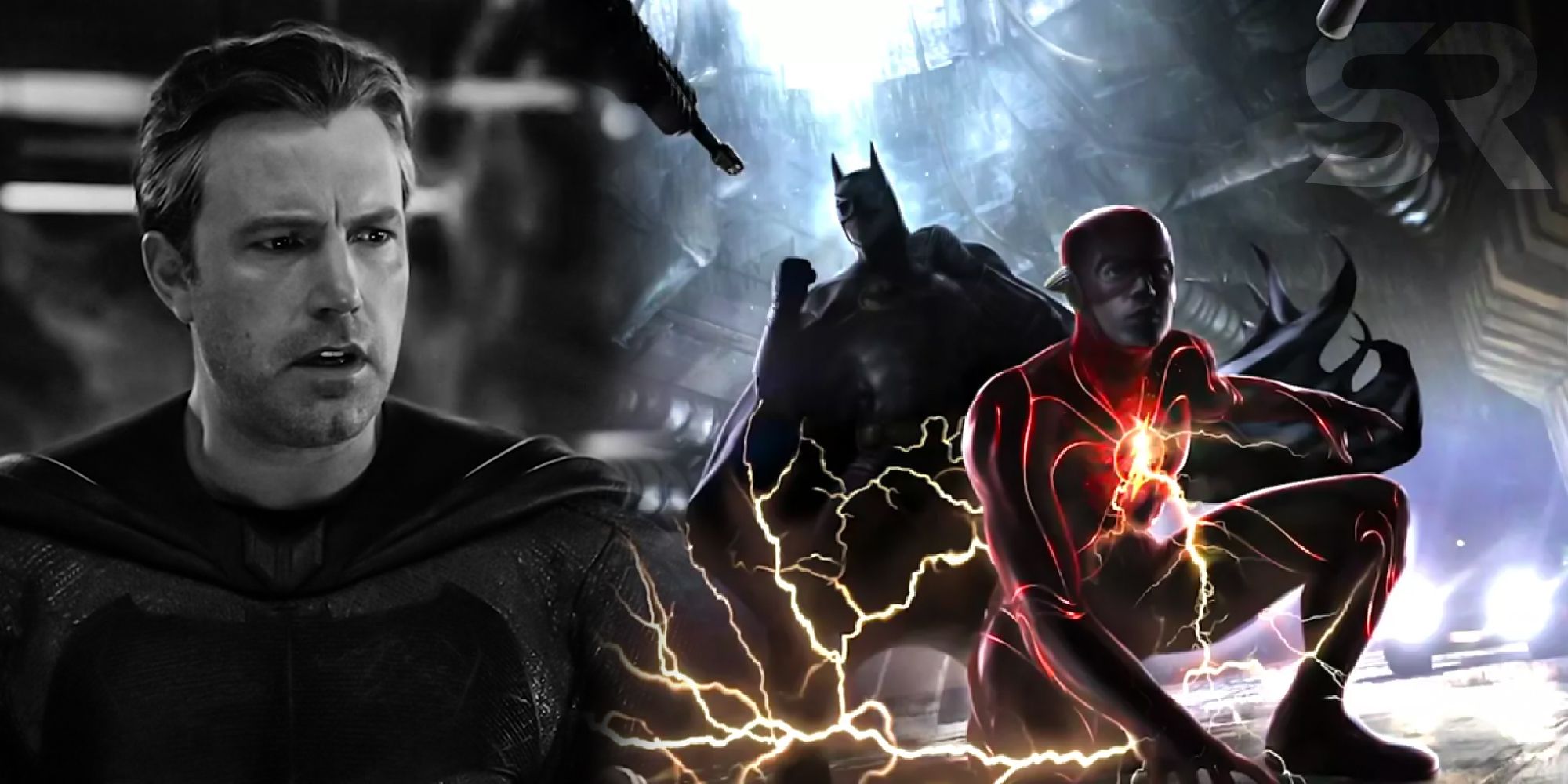 Ben Affleck as batman in the Justice League the Snyder Cut and concept art for the Flash