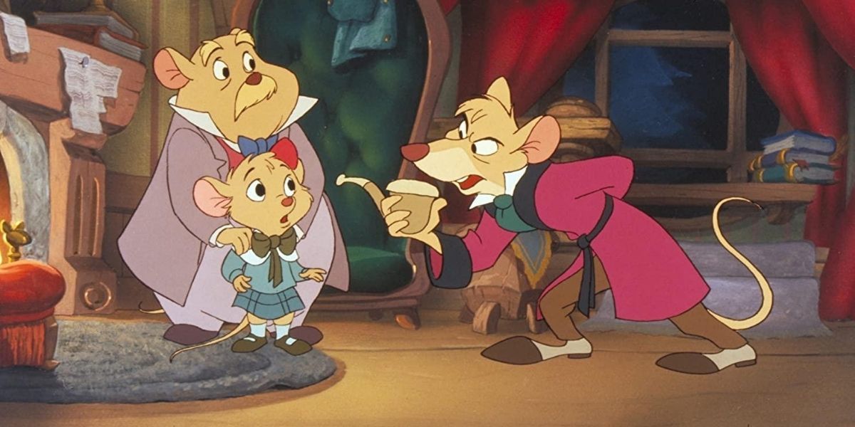 An image of Basil and Dr. Dobson questioning Olivia in The Great Mouse Detective.