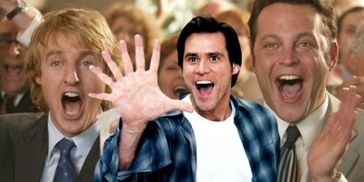 Split image of Wedding Crashers and Jim Carrey in Bruce Almighty