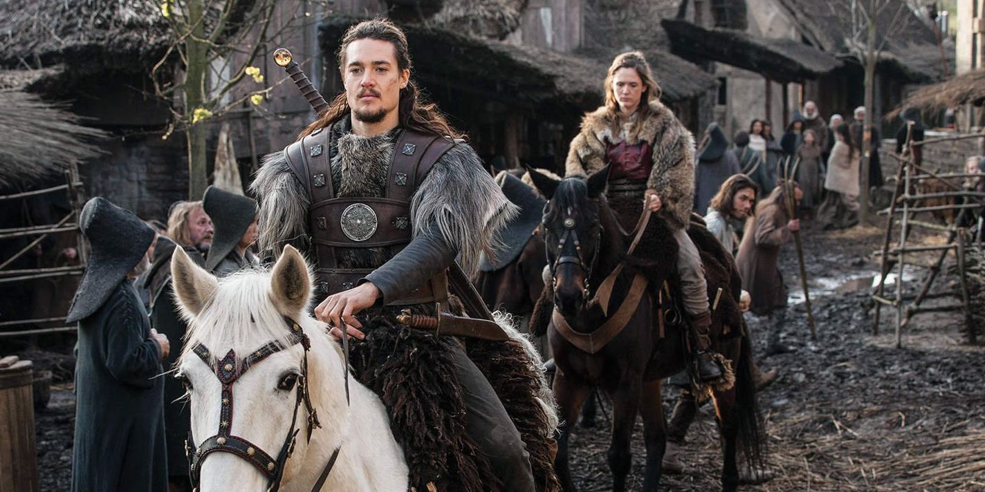 An image of Brida and Uhtred riding on two horses in The Last Kingdom