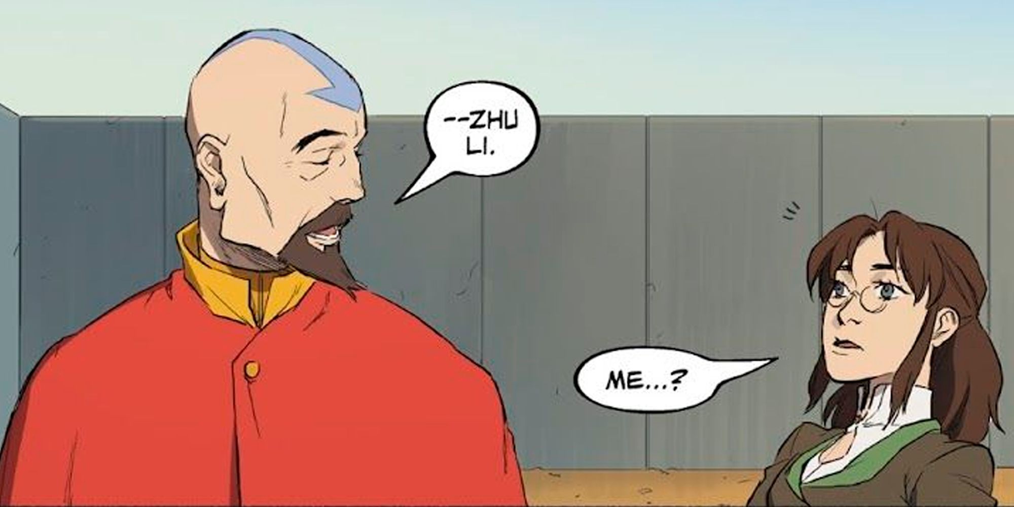 Tenzin conversando com Zhu Li nos quadrinhos The Legend of Korra