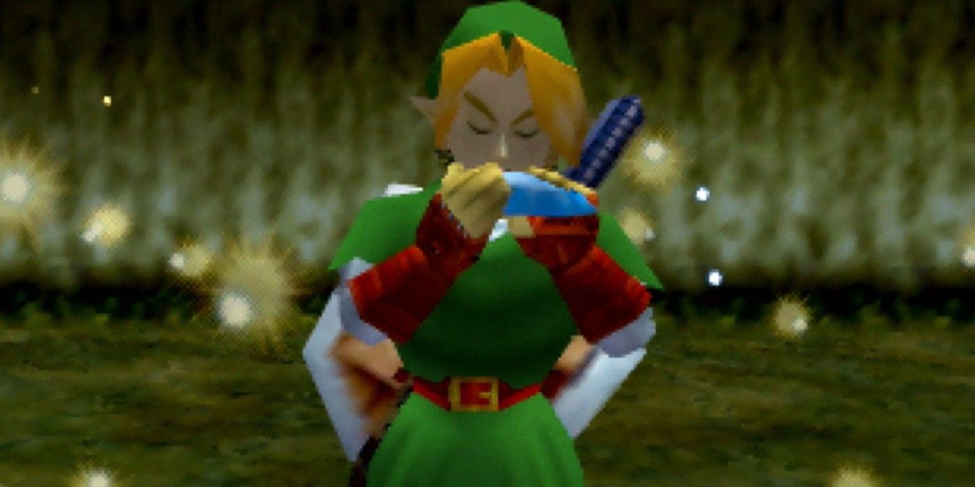 Link playing the ocarina in Legend of Zelda Ocarina of Time.